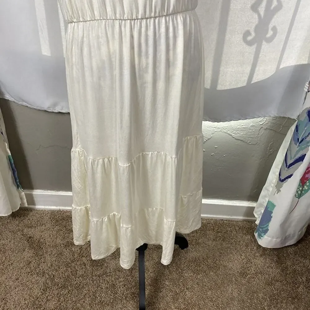 NWOT Beach Break Cream Drop Waist Midi Dress Large Sleeveless Tier Summer Rayon